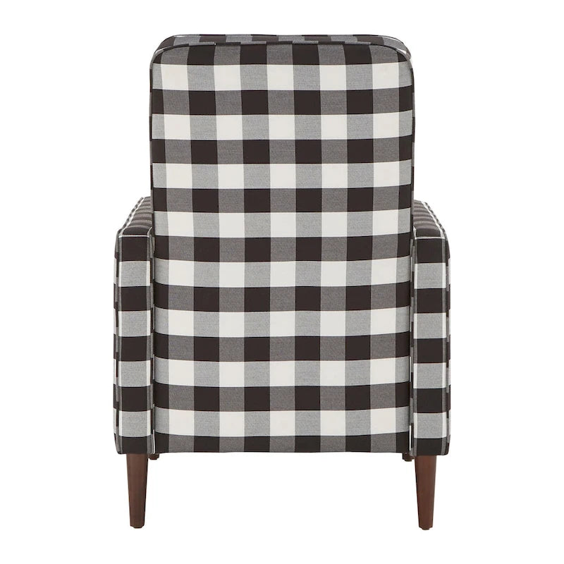 Fauteuil d'appoint à carreaux vichy noir et blanc avec dossier capitonné et pieds en bois