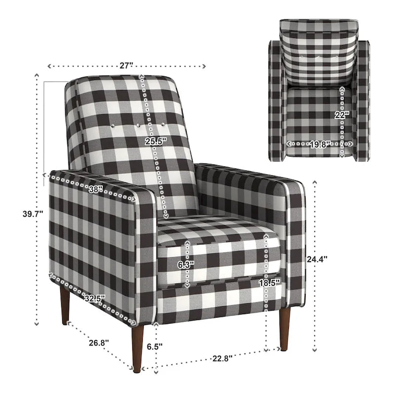 Fauteuil d'appoint à carreaux vichy noir et blanc avec dossier capitonné et pieds en bois