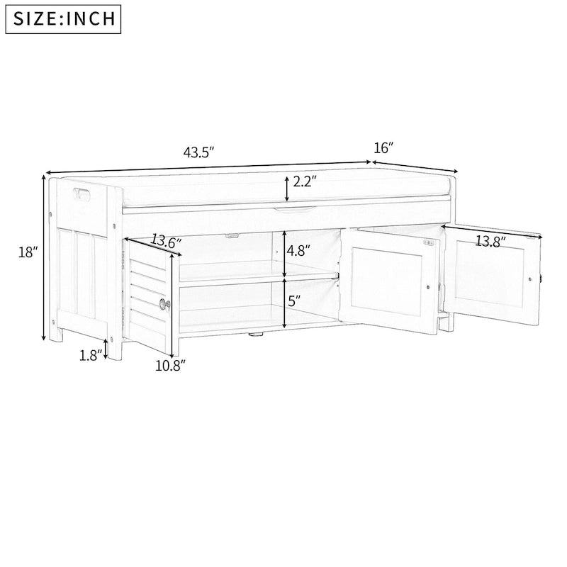 Banc de rangement rustique avec portes à persiennes et compartiment caché