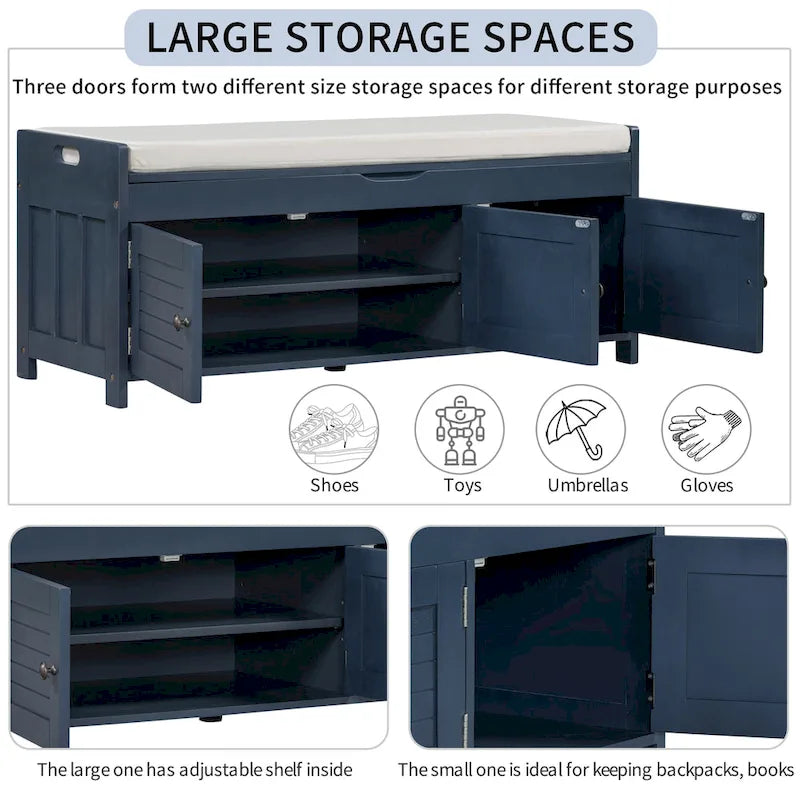 Banc de rangement rustique avec portes à persiennes et compartiment caché