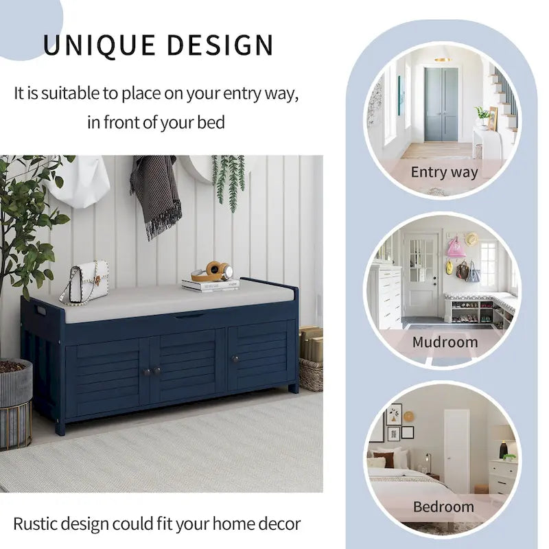 Banc de rangement rustique avec portes à persiennes et compartiment caché