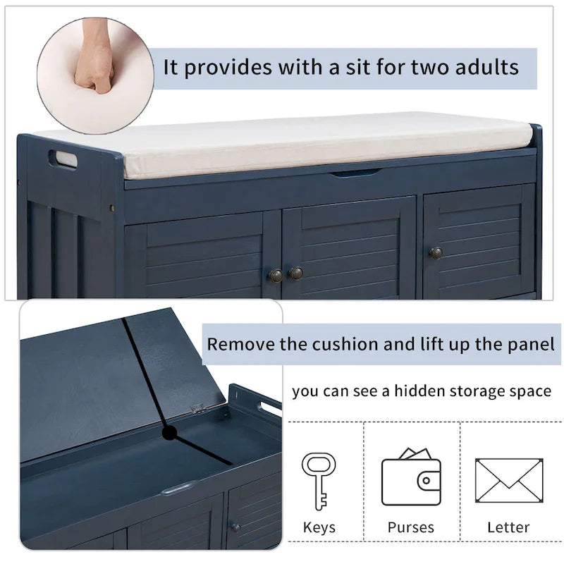 Banc de rangement rustique avec portes à persiennes et compartiment caché