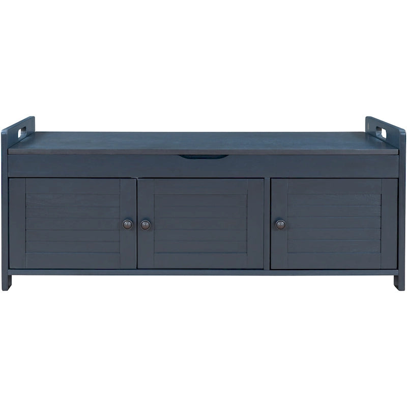 Banc de rangement rustique avec portes à persiennes et compartiment caché