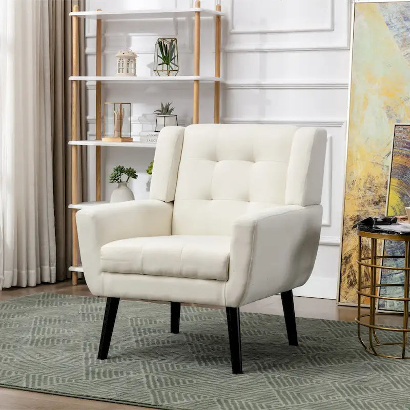 Fauteuil d'appoint ergonomique moderne en lin avec pieds effilés en métal noir – Beige