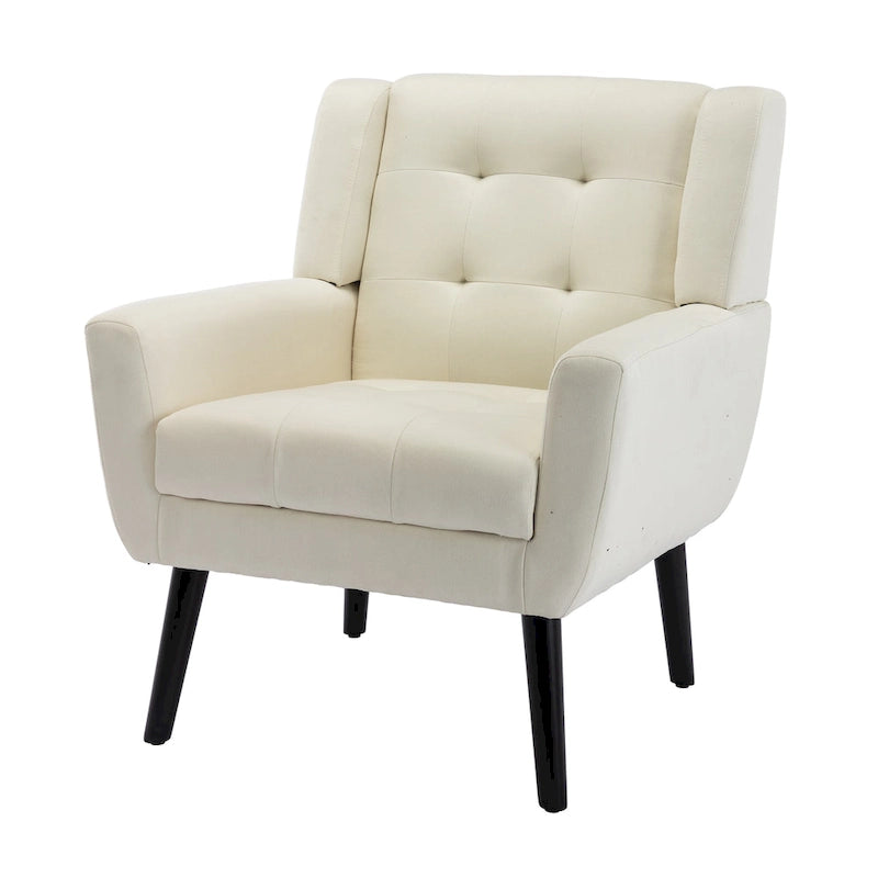 Fauteuil d'appoint ergonomique moderne en lin avec pieds effilés en métal noir – Beige