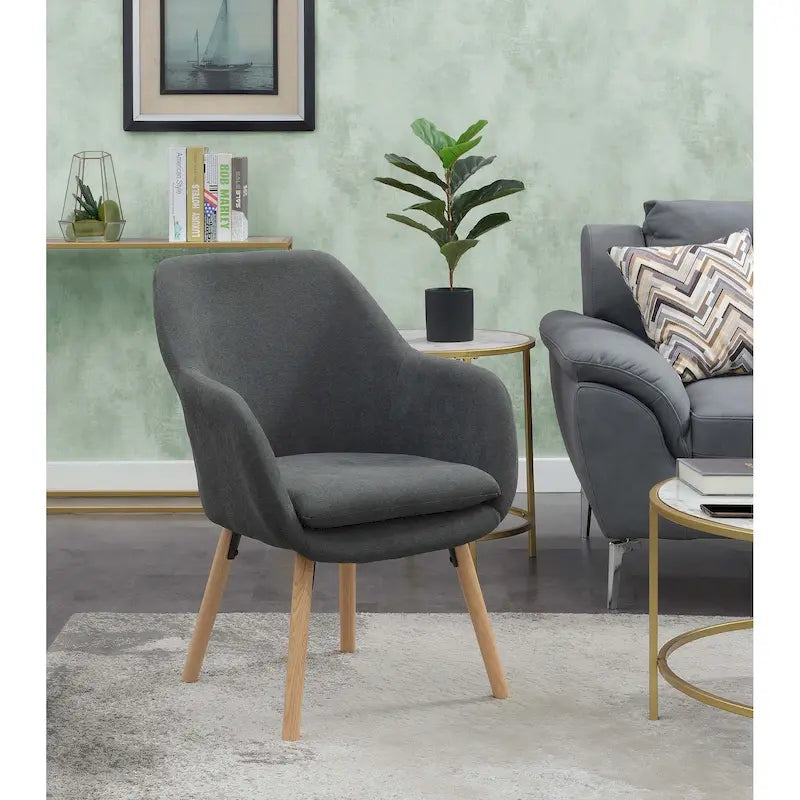 Fauteuil d'appoint capitonné à dossier haut avec accoudoirs évasés et pieds en bois – Plusieurs tissus
