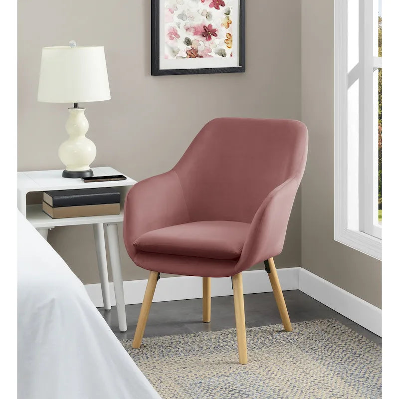 Fauteuil d'appoint capitonné à dossier haut avec accoudoirs évasés et pieds en bois – Plusieurs tissus