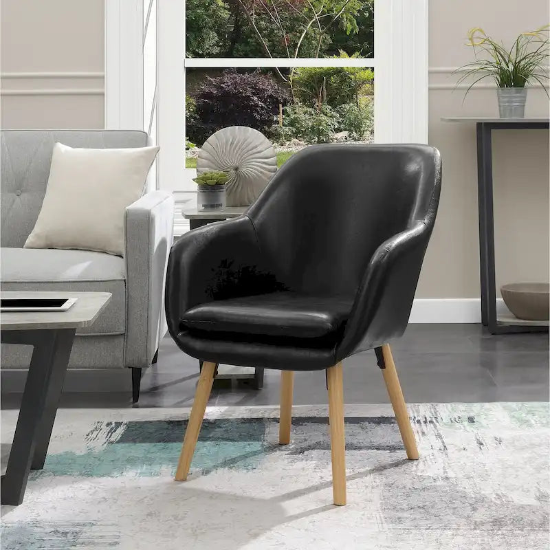 Fauteuil d'appoint capitonné à dossier haut avec accoudoirs évasés et pieds en bois – Plusieurs tissus