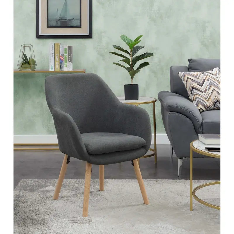 Fauteuil d'appoint capitonné à dossier haut avec accoudoirs évasés et pieds en bois – Plusieurs tissus