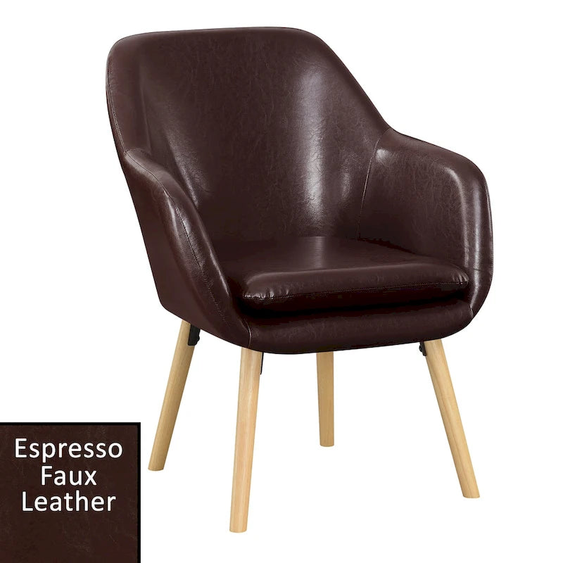Fauteuil d'appoint capitonné à dossier haut avec accoudoirs évasés et pieds en bois – Plusieurs tissus