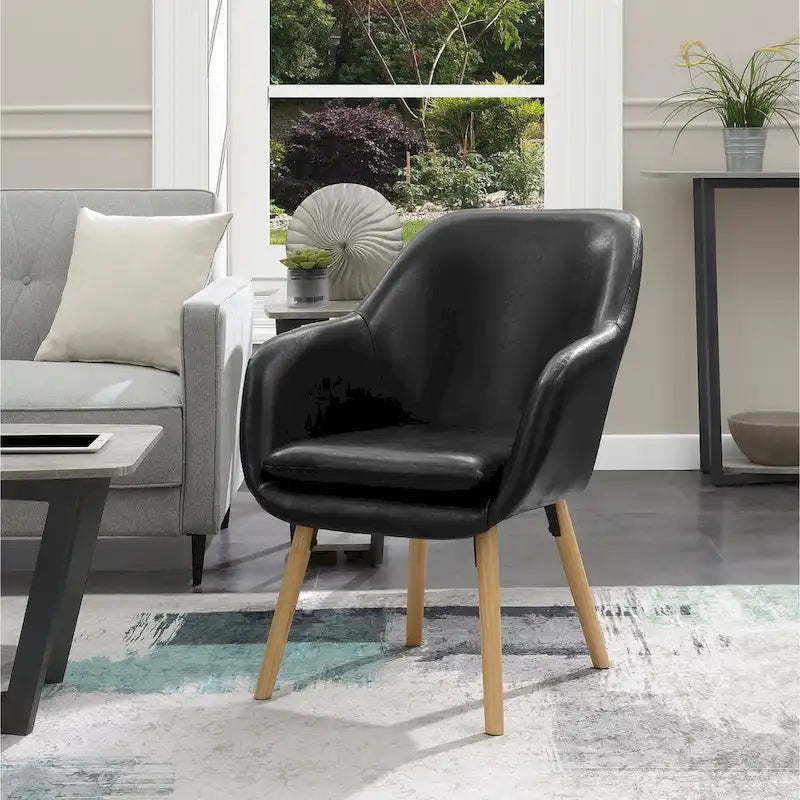 Fauteuil d'appoint capitonné à dossier haut avec accoudoirs évasés et pieds en bois – Plusieurs tissus