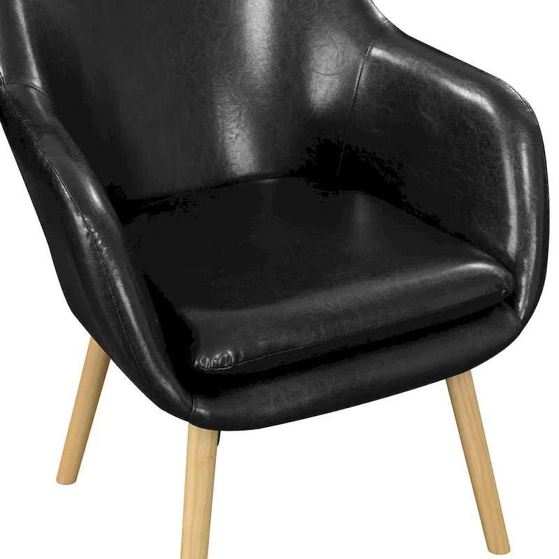Fauteuil d'appoint capitonné à dossier haut avec accoudoirs évasés et pieds en bois – Plusieurs tissus