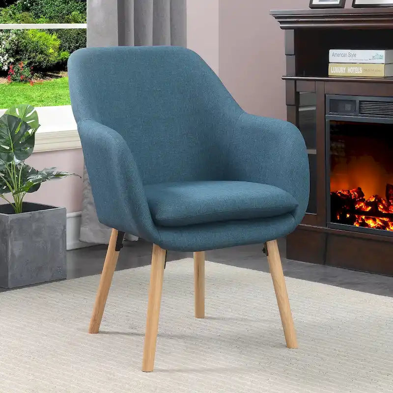 Fauteuil d'appoint capitonné à dossier haut avec accoudoirs évasés et pieds en bois – Plusieurs tissus