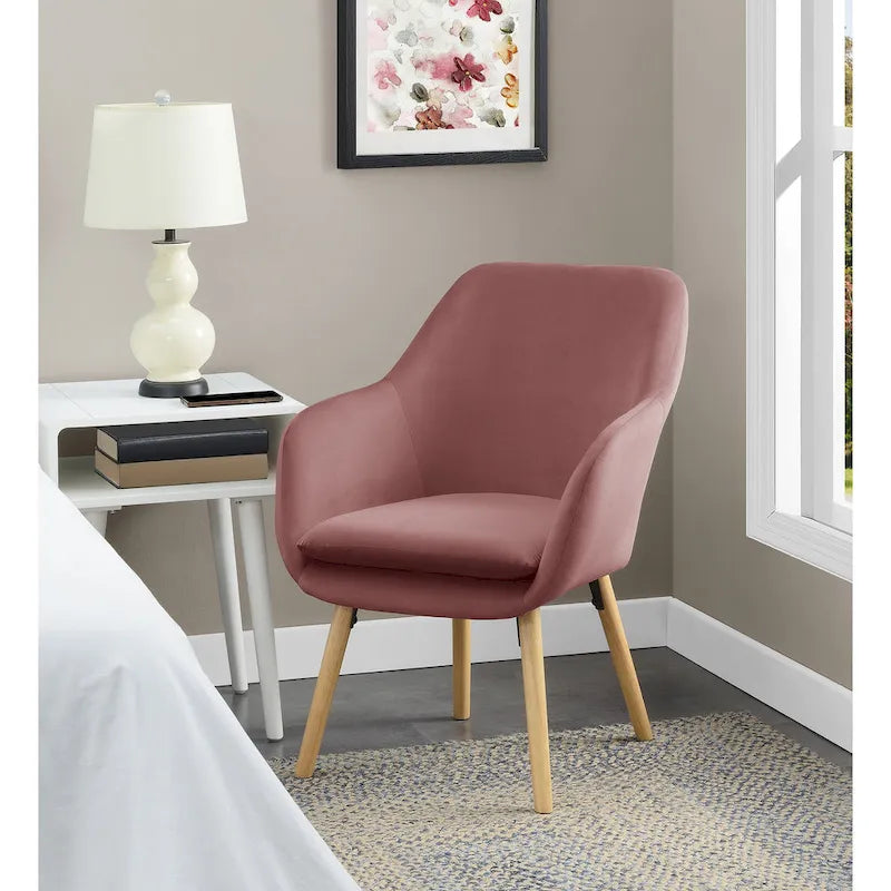 Fauteuil d'appoint capitonné à dossier haut avec accoudoirs évasés et pieds en bois – Plusieurs tissus