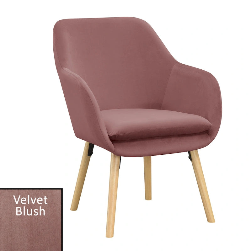 Fauteuil d'appoint capitonné à dossier haut avec accoudoirs évasés et pieds en bois – Plusieurs tissus