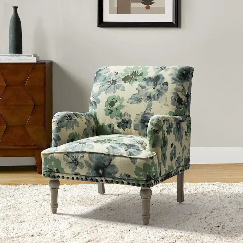 Fauteuil d'appoint capitonné floral avec pieds en bois tournés – Plusieurs couleurs