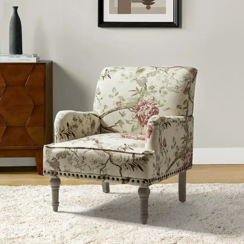 Fauteuil d'appoint capitonné floral avec pieds en bois tournés – Plusieurs couleurs