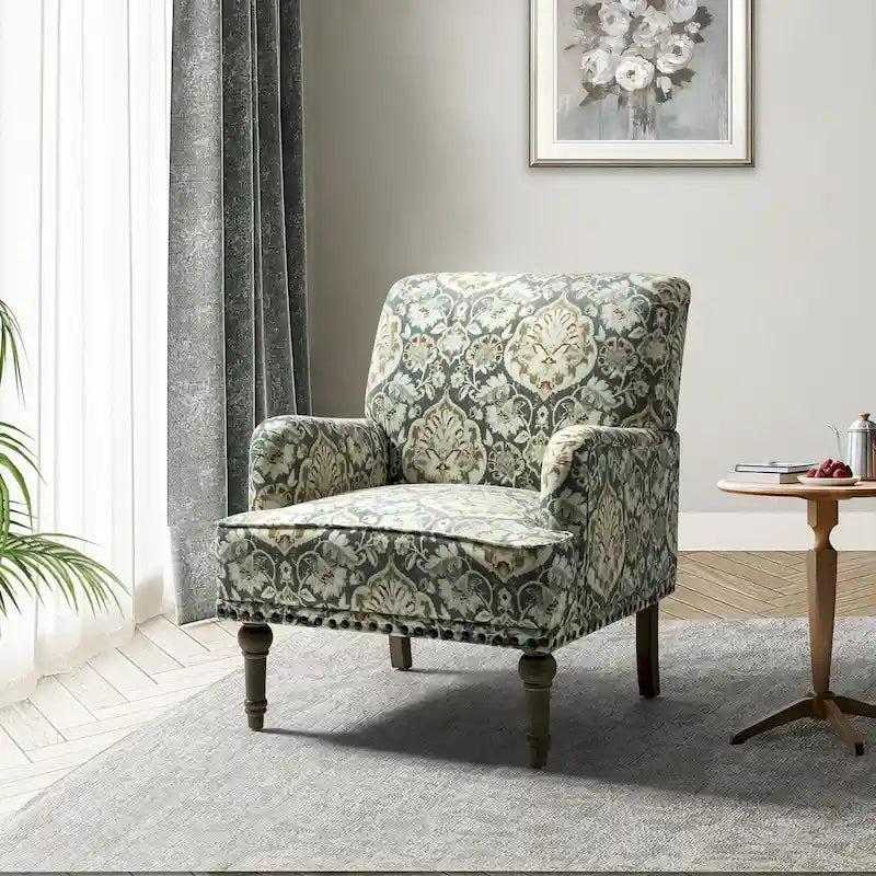 Fauteuil d'appoint capitonné floral avec pieds en bois tournés – Plusieurs couleurs