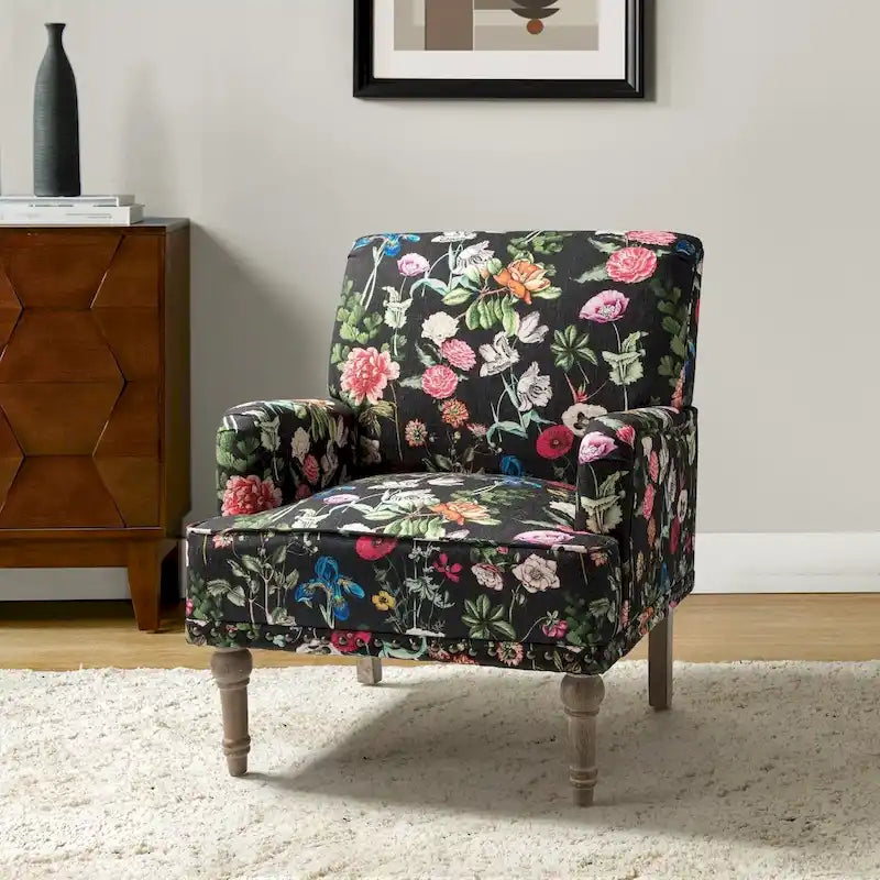 Fauteuil d'appoint capitonné floral avec pieds en bois tournés – Plusieurs couleurs