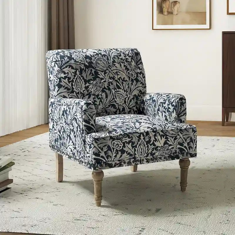 Fauteuil d'appoint capitonné floral avec pieds en bois tournés – Plusieurs couleurs