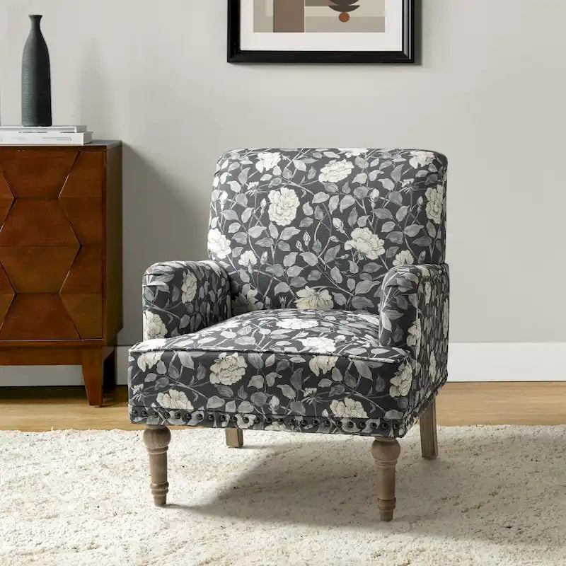 Fauteuil d'appoint capitonné floral avec pieds en bois tournés – Plusieurs couleurs