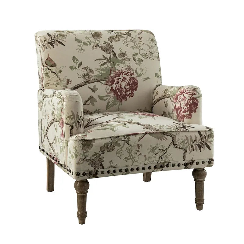 Fauteuil d'appoint capitonné floral avec pieds en bois tournés – Plusieurs couleurs