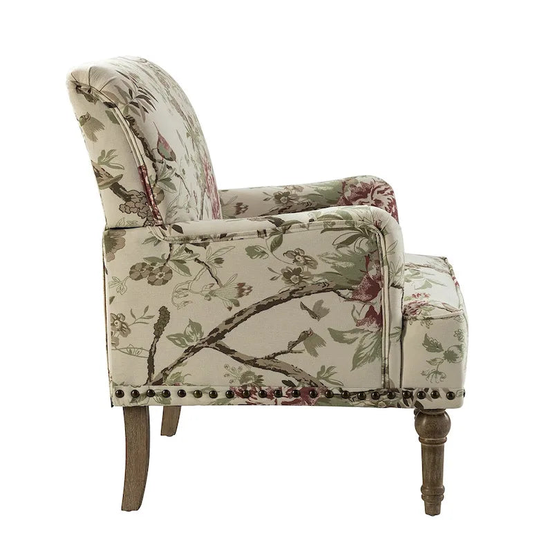 Fauteuil d'appoint capitonné floral avec pieds en bois tournés – Plusieurs couleurs