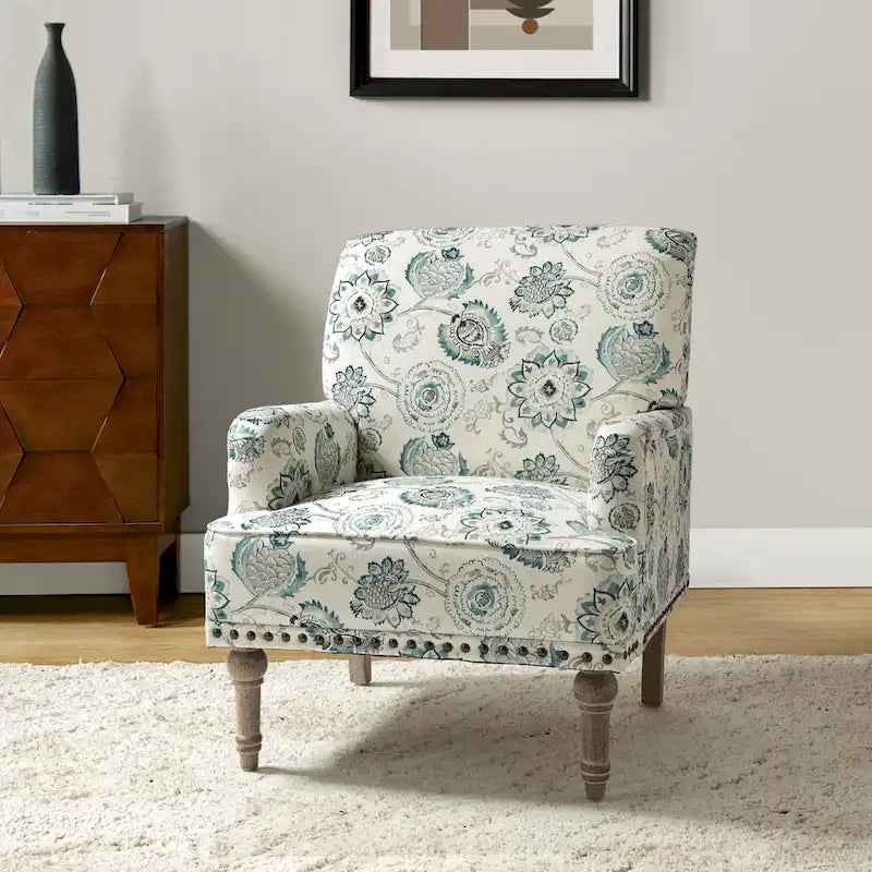 Fauteuil d'appoint capitonné floral avec pieds en bois tournés – Plusieurs couleurs