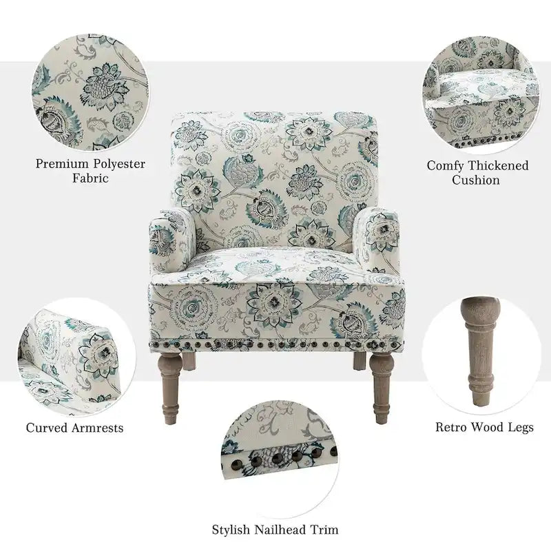 Fauteuil d'appoint capitonné floral avec pieds en bois tournés – Plusieurs couleurs