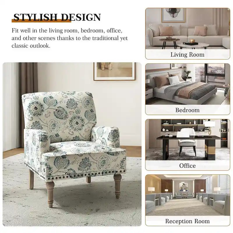Fauteuil d'appoint capitonné floral avec pieds en bois tournés – Plusieurs couleurs