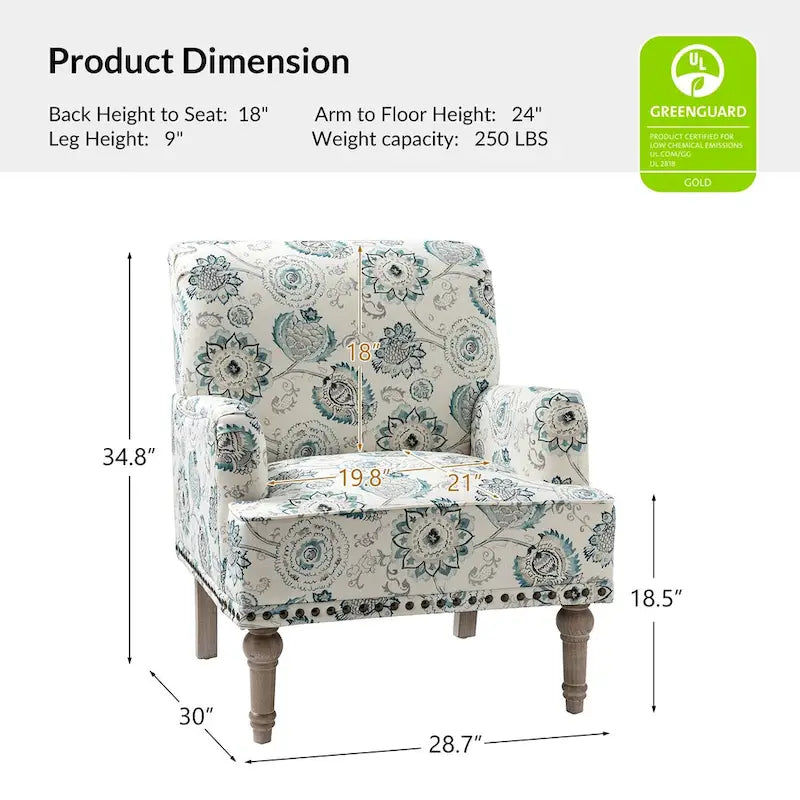 Fauteuil d'appoint capitonné floral avec pieds en bois tournés – Plusieurs couleurs