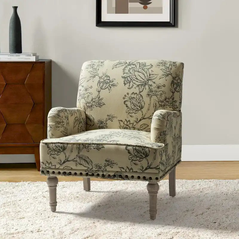 Fauteuil d'appoint capitonné floral avec pieds en bois tournés – Plusieurs couleurs