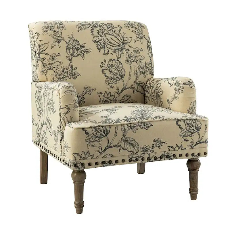 Fauteuil d'appoint capitonné floral avec pieds en bois tournés – Plusieurs couleurs