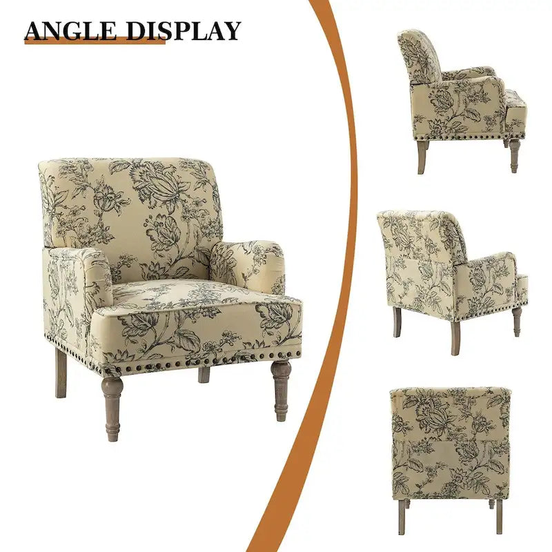 Fauteuil d'appoint capitonné floral avec pieds en bois tournés – Plusieurs couleurs