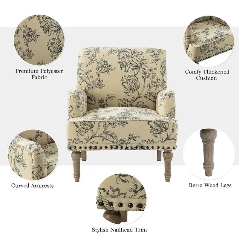 Fauteuil d'appoint capitonné floral avec pieds en bois tournés – Plusieurs couleurs