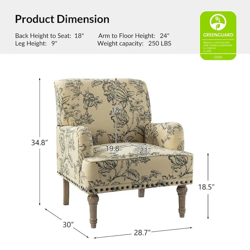 Fauteuil d'appoint capitonné floral avec pieds en bois tournés – Plusieurs couleurs