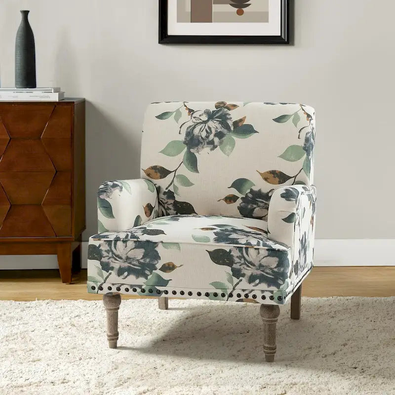 Fauteuil d'appoint capitonné floral avec pieds en bois tournés – Plusieurs couleurs