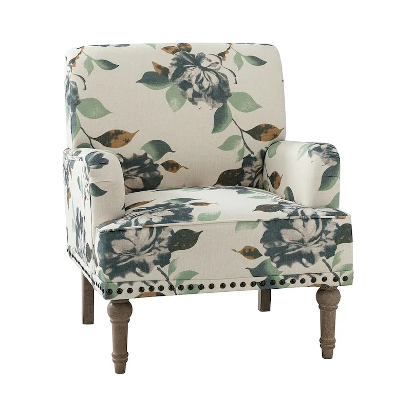 Fauteuil d'appoint capitonné floral avec pieds en bois tournés – Plusieurs couleurs