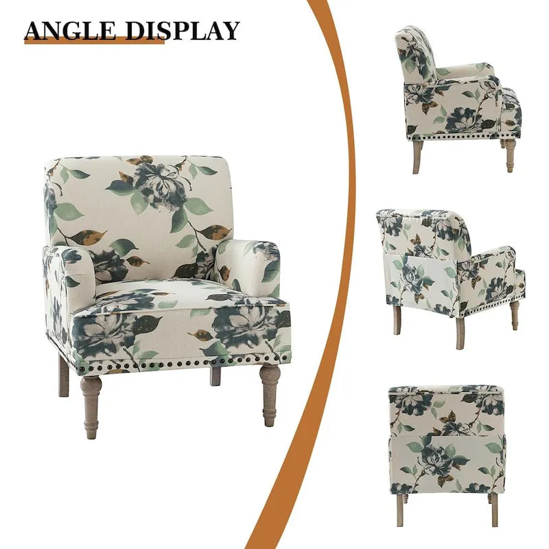 Fauteuil d'appoint capitonné floral avec pieds en bois tournés – Plusieurs couleurs