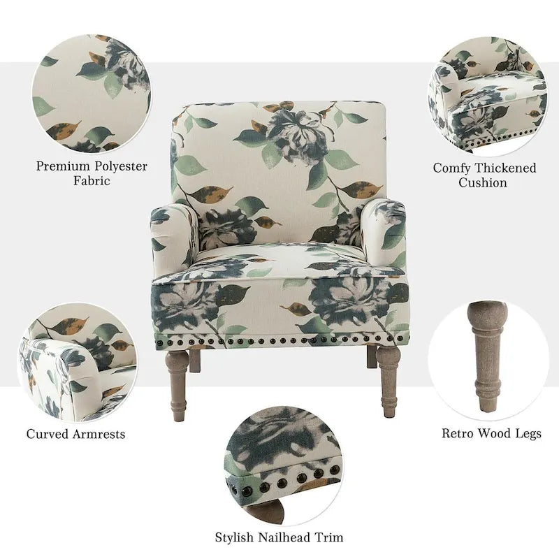 Fauteuil d'appoint capitonné floral avec pieds en bois tournés – Plusieurs couleurs