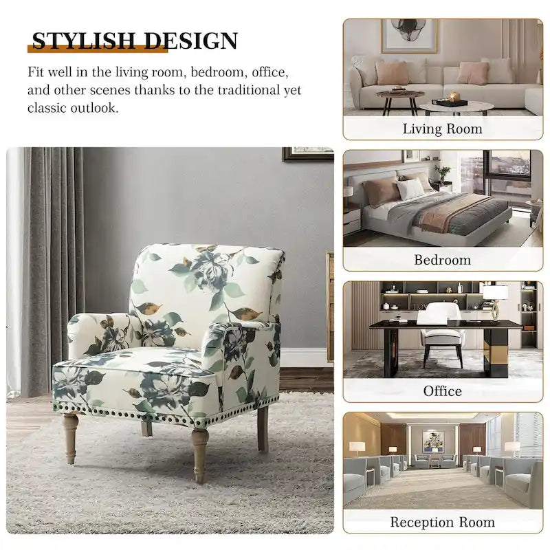 Fauteuil d'appoint capitonné floral avec pieds en bois tournés – Plusieurs couleurs