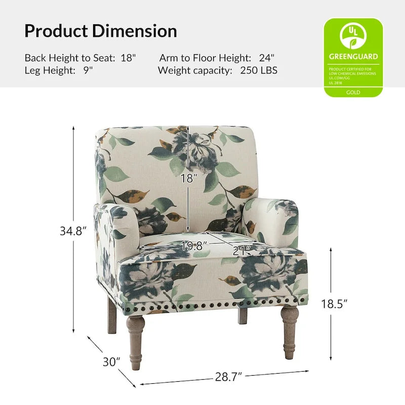 Fauteuil d'appoint capitonné floral avec pieds en bois tournés – Plusieurs couleurs