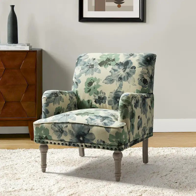 Fauteuil d'appoint capitonné floral avec pieds en bois tournés – Plusieurs couleurs