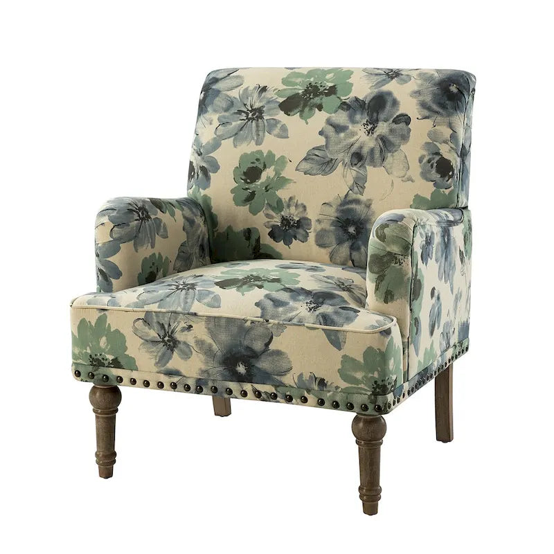 Fauteuil d'appoint capitonné floral avec pieds en bois tournés – Plusieurs couleurs