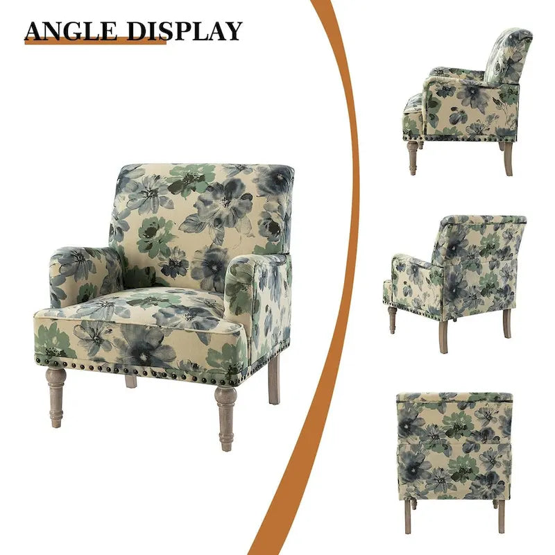 Fauteuil d'appoint capitonné floral avec pieds en bois tournés – Plusieurs couleurs