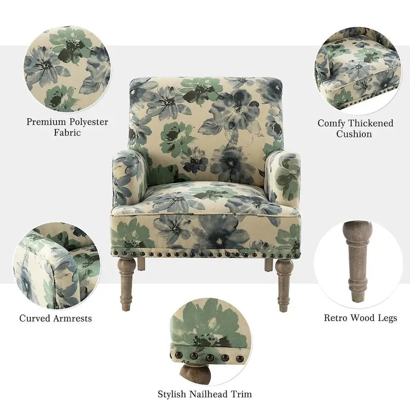 Fauteuil d'appoint capitonné floral avec pieds en bois tournés – Plusieurs couleurs