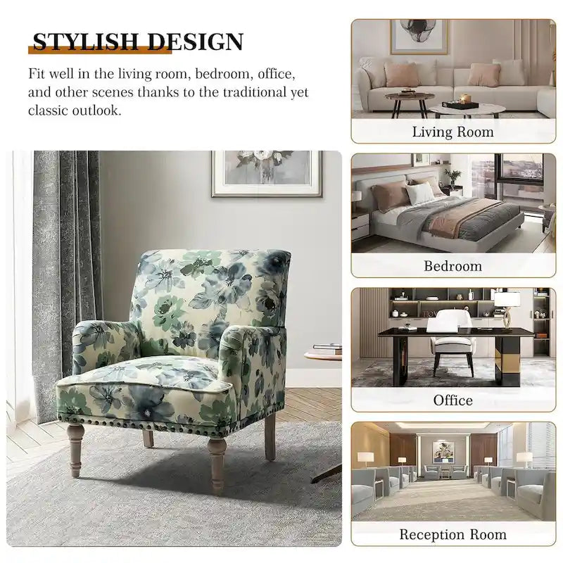Fauteuil d'appoint capitonné floral avec pieds en bois tournés – Plusieurs couleurs