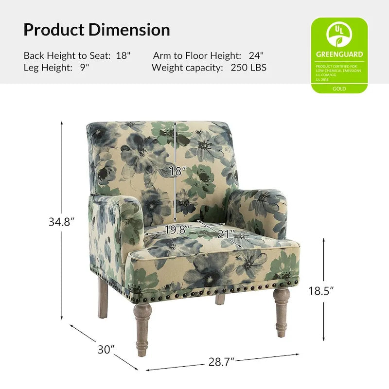 Fauteuil d'appoint capitonné floral avec pieds en bois tournés – Plusieurs couleurs