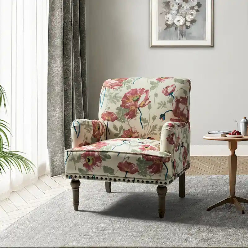 Fauteuil d'appoint capitonné floral avec pieds en bois tournés – Plusieurs couleurs