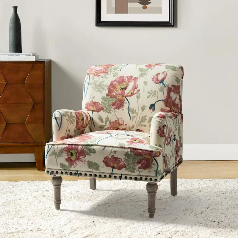 Fauteuil d'appoint capitonné floral avec pieds en bois tournés – Plusieurs couleurs